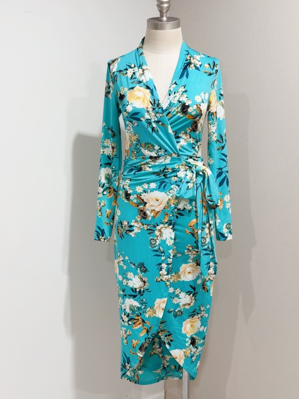 Rachel Roy Women's Teal Green Floral Print Long sleeve Faux Wrap Dress Size XS